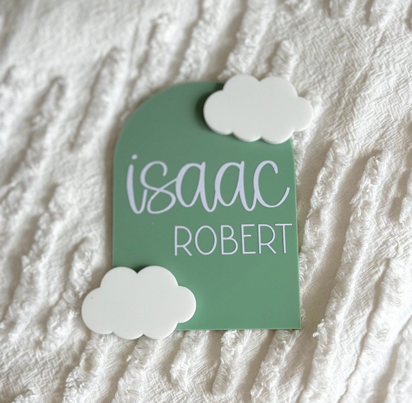 Baby name plaque, birth announcement sign, acrylic name sign with 3D cloud, personalised name reveal, custom newborn gift, baby keepsake