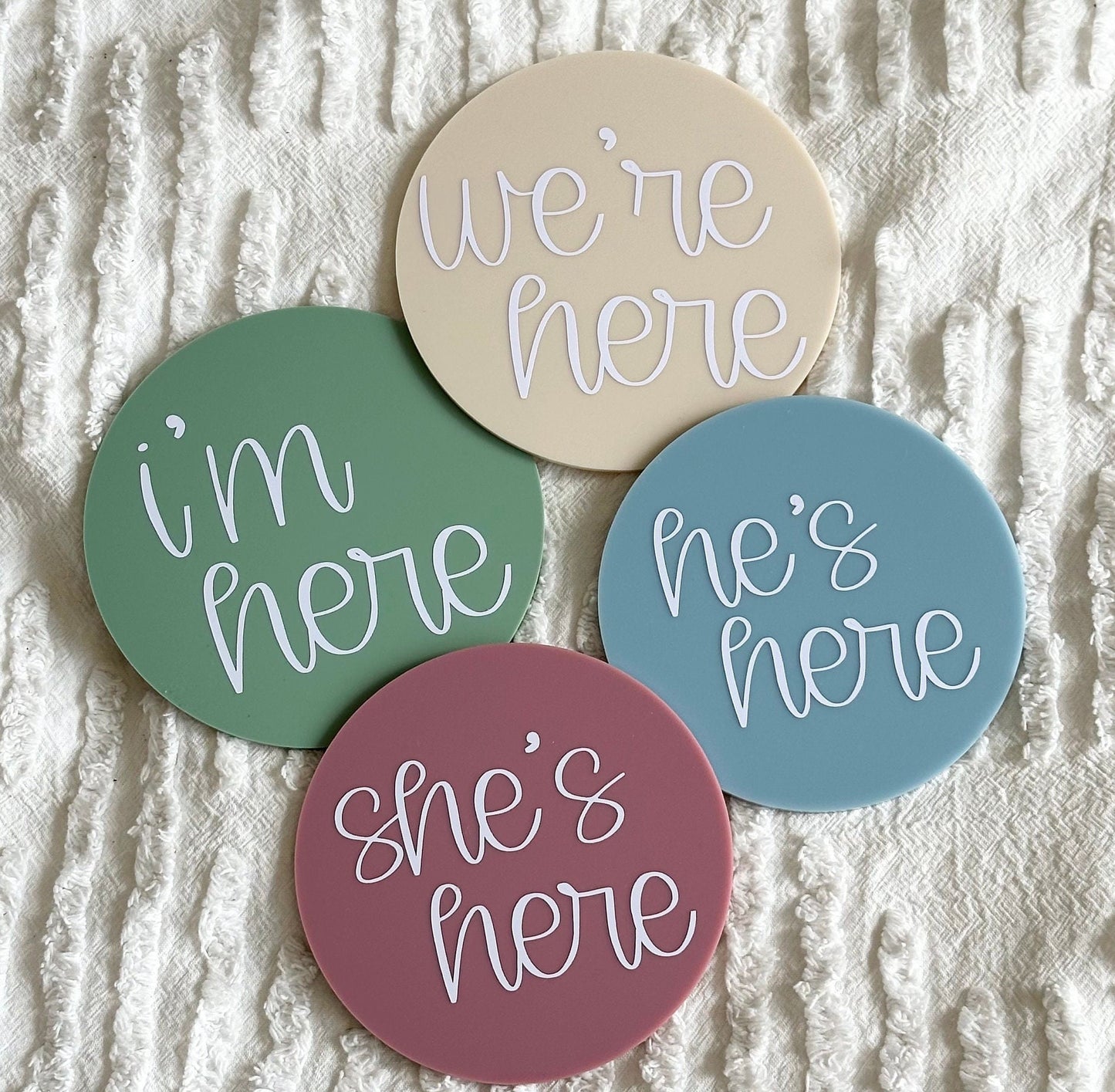 He's Here, She's Here birth announcement plaque, i'm here sign, we're here twins, gender reveal discs, gender announcement duo, arrival sign