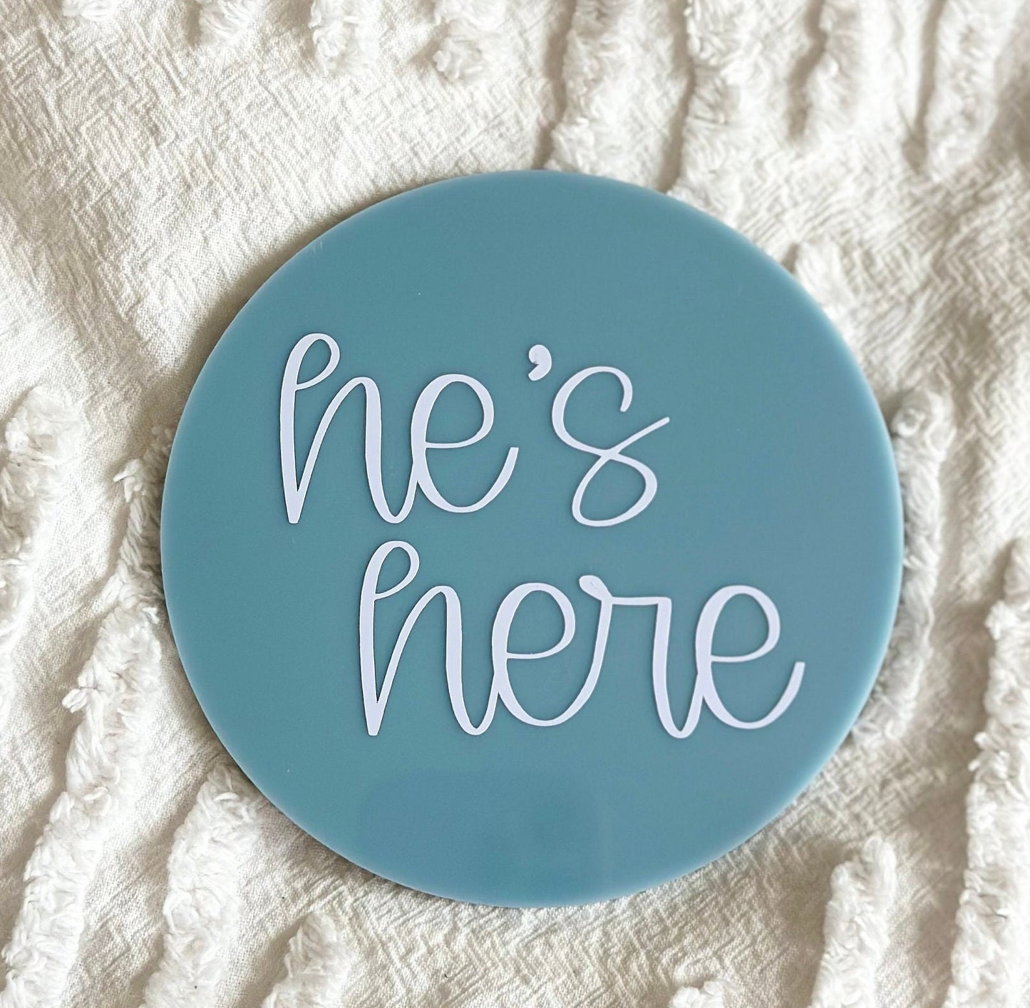 He's Here, She's Here birth announcement plaque, i'm here sign, we're here twins, gender reveal discs, gender announcement duo, arrival sign
