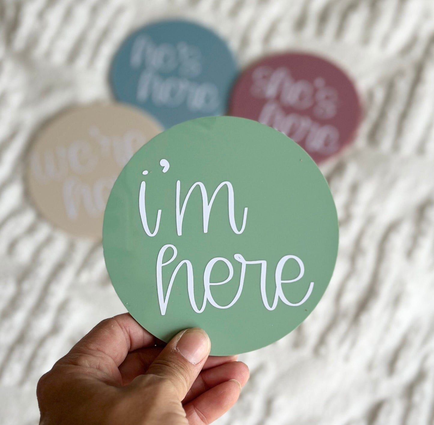 He's Here, She's Here birth announcement plaque, i'm here sign, we're here twins, gender reveal discs, gender announcement duo, arrival sign