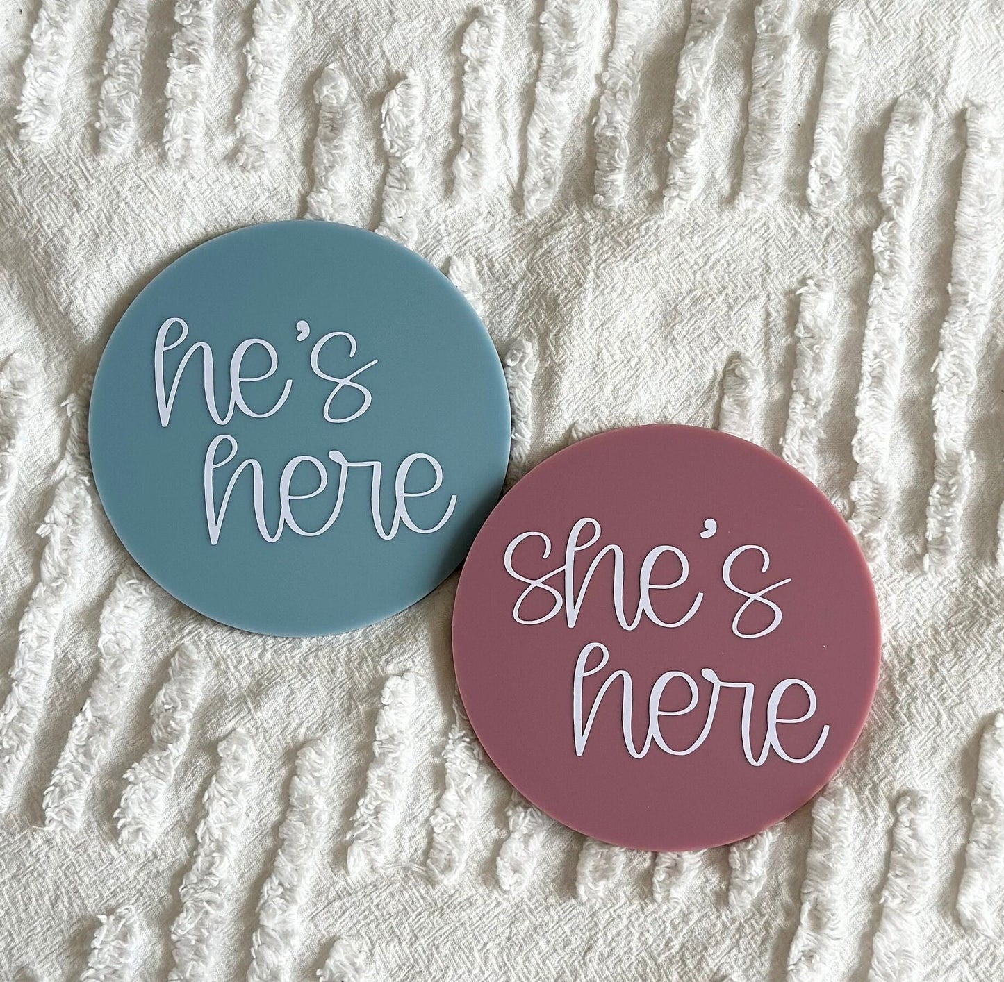 He's Here, She's Here birth announcement plaque, i'm here sign, we're here twins, gender reveal discs, gender announcement duo, arrival sign