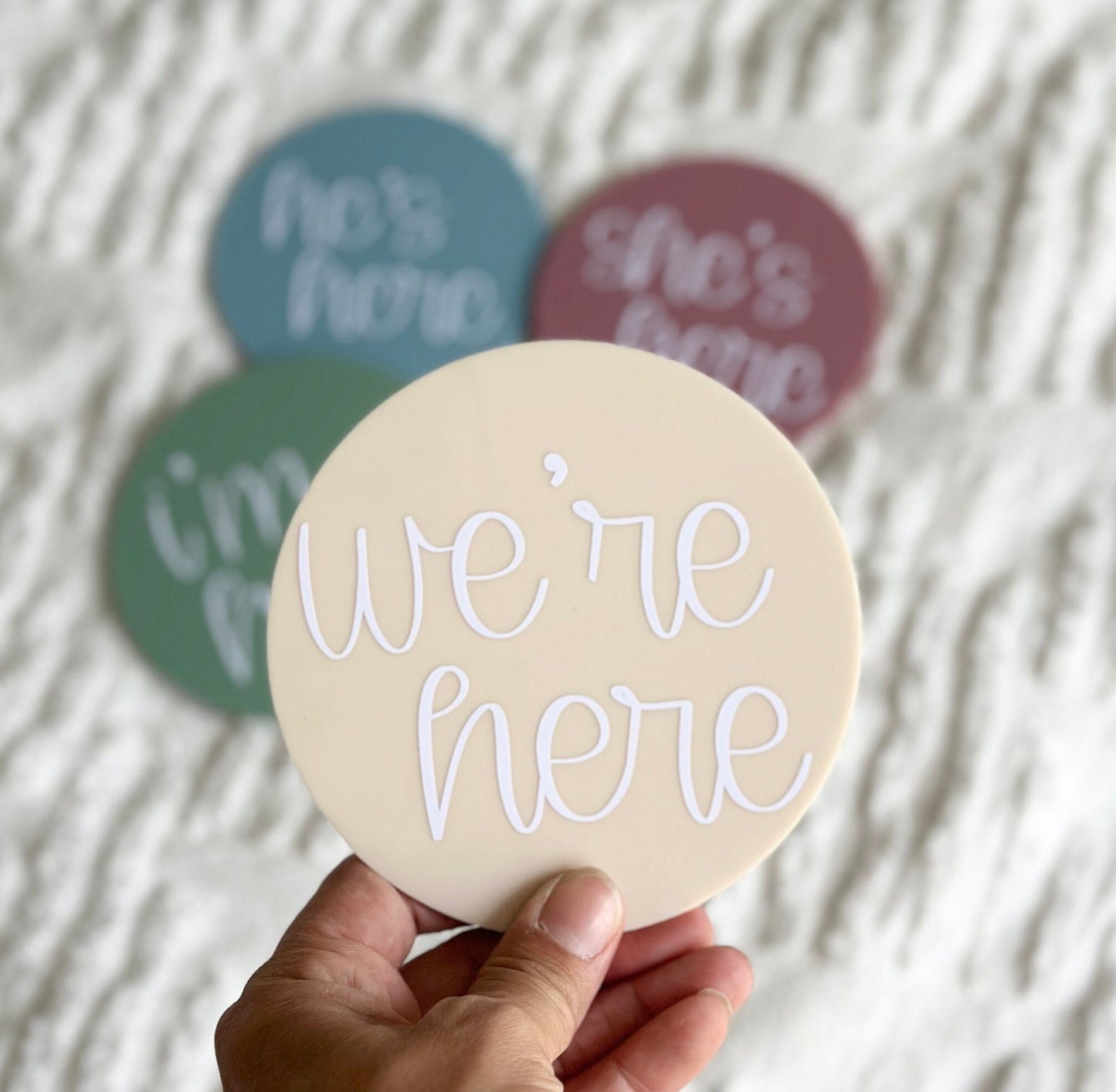 He's Here, She's Here birth announcement plaque, i'm here sign, we're here twins, gender reveal discs, gender announcement duo, arrival sign