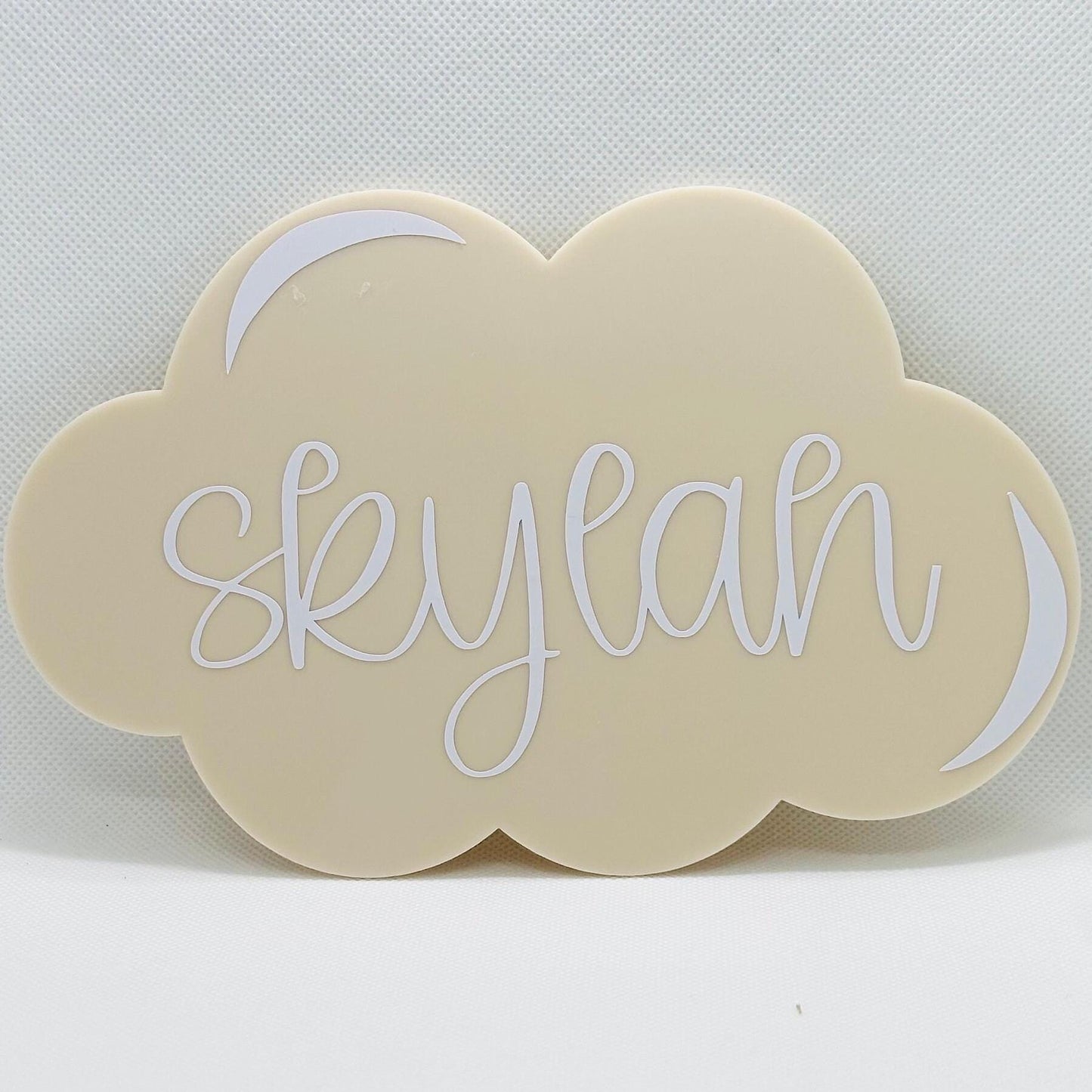 Custom baby name announcement plaque, acrylic cloud photo prop, baby on the way sign, personalised newborn reveal, kids nursery sky decor