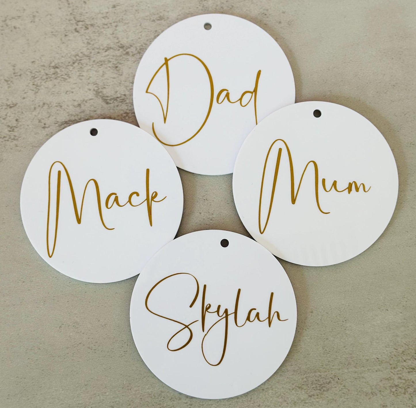Personalised christmas tree ornament, custom name decoration with decorative hook, simple white modern xmas keepsake, 2024 family ornament