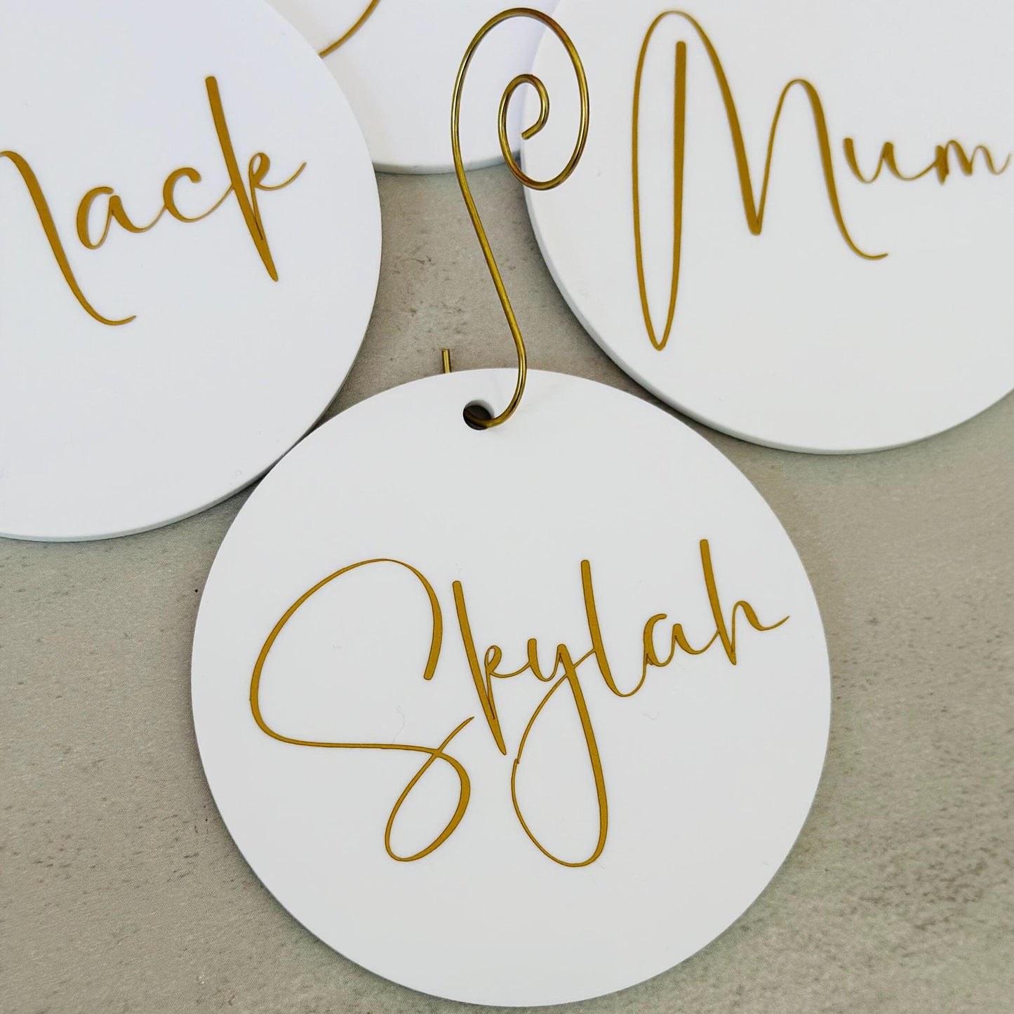 Personalised christmas tree ornament, custom name decoration with decorative hook, simple white modern xmas keepsake, 2024 family ornament