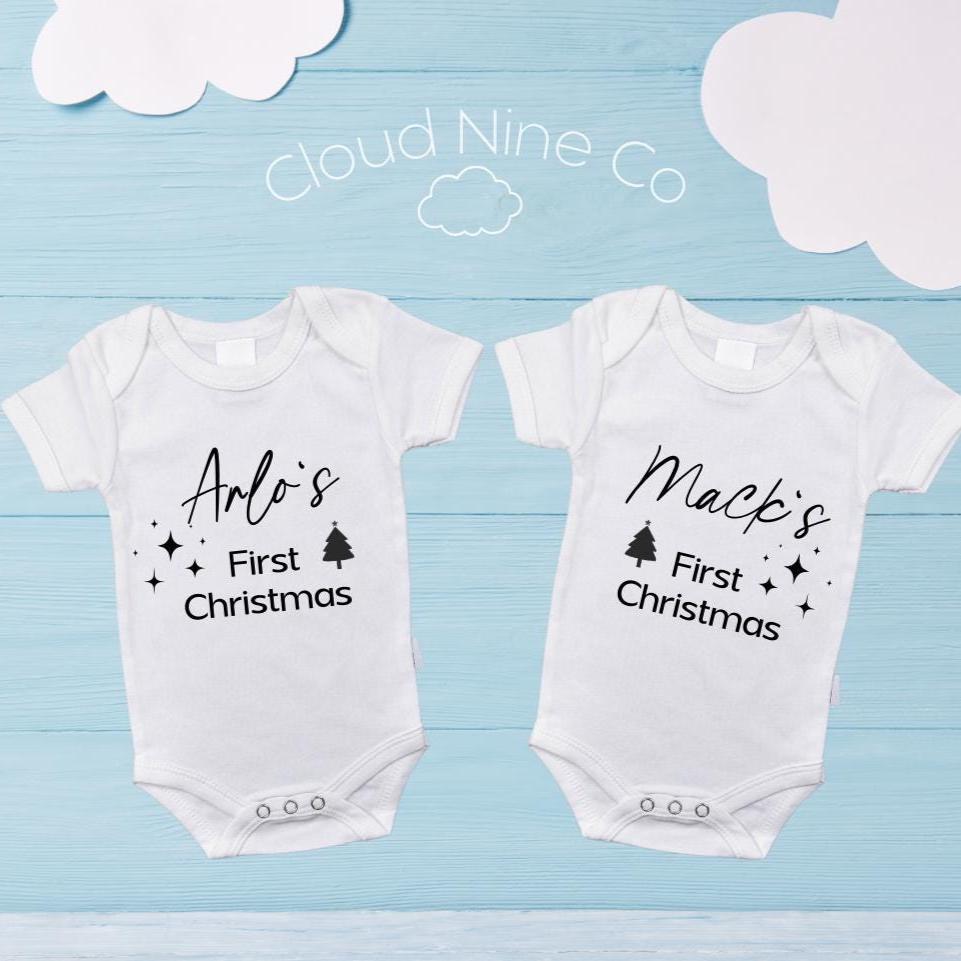Twins First Christmas 2025 Matching Set, Newborn 1st Xmas Bodysuits, Twin Holiday Outfit, Festive Photo Prop, Custom Name Baby Romper