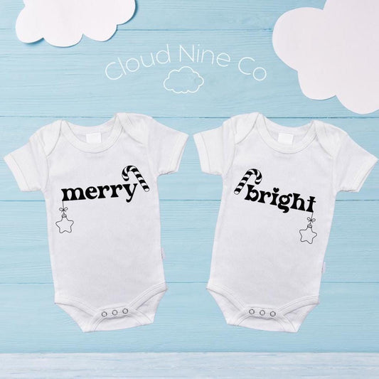 Merry and Bright Twins Matching Christmas Set, Newborn Twins 2025 1st Xmas Bodysuits, Twin Holiday Outfit, Festive Photo Prop Romper