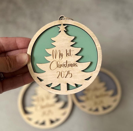 Personalised First Christmas Tree Ornament | Timber + Acrylic Keepsake | My 1st Christmas Decoration | Name Bauble | Stocking Xmas Gift Tag