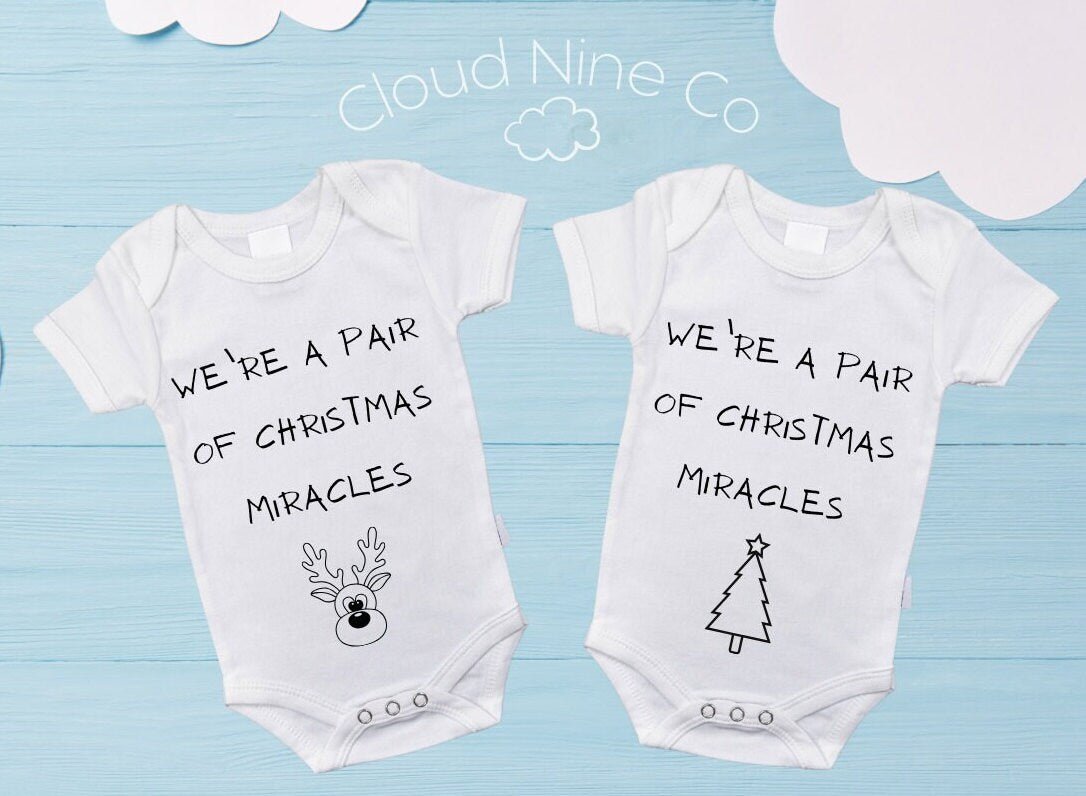 We're A Pair of Christmas Miracles onesies, twin pregnancy announcement, matching twin xmas outfit, christmas bodysuits, gift for twins