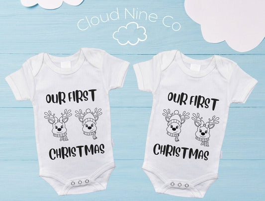 Our First Christmas customisable twin onesies, christmas baby outfit, twin xmas bodysuits, babies 1st christmas, twin pregnancy, ivf baby