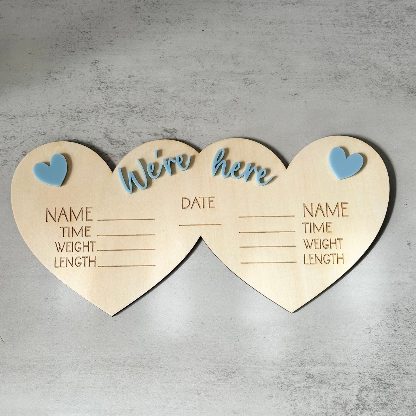 'We're Here' Twin Birth Stats Sign | Hearts
