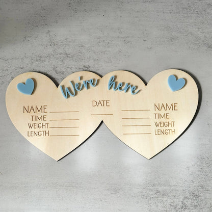'We're Here' Twin Birth Stats Sign | Hearts