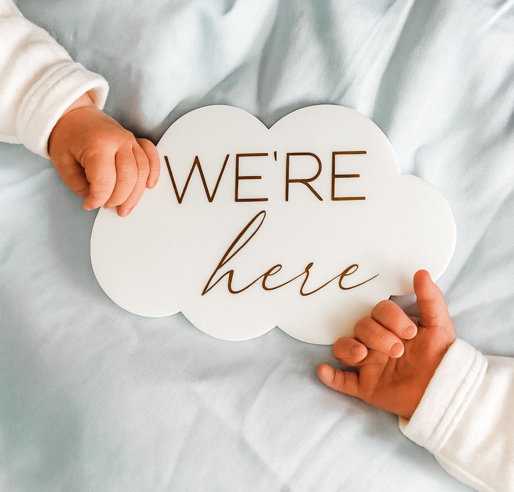 Cloud Shaped 'We're Here' | Multiple Birth Announcement Plaque