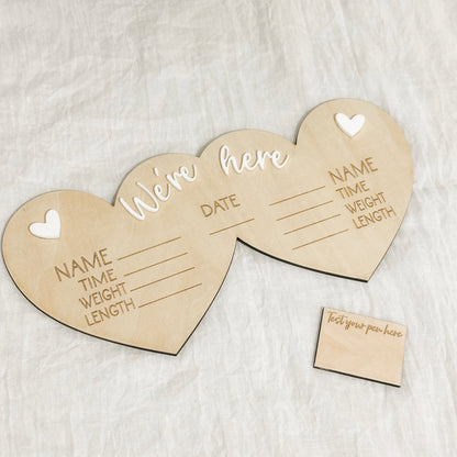 'We're Here' Twin Birth Stats Sign | Hearts