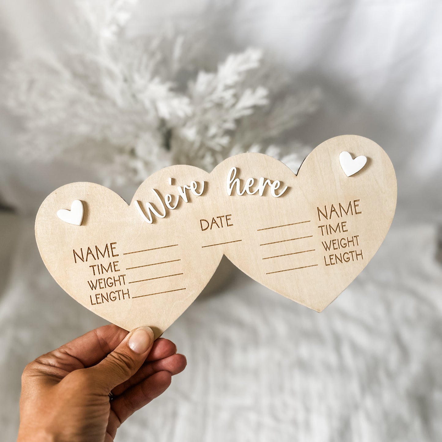 'We're Here' Twin Birth Stats Sign | Hearts