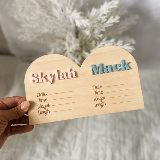 Personalised Twin Birth Stats Sign | With Names