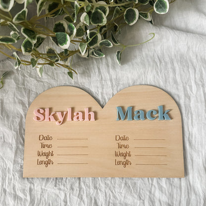 Personalised Twin Birth Stats Sign | With Names