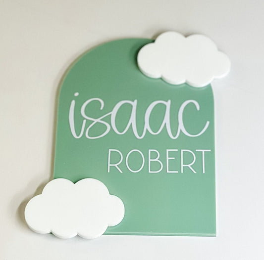 Baby name plaque, birth announcement sign, acrylic name sign with 3D cloud, personalised name reveal, custom newborn gift, baby keepsake