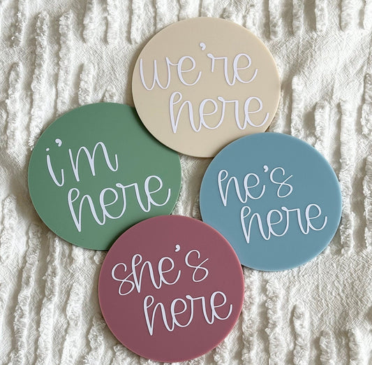 He's Here, She's Here birth announcement plaque, i'm here sign, we're here twins, gender reveal discs, gender announcement duo, arrival sign