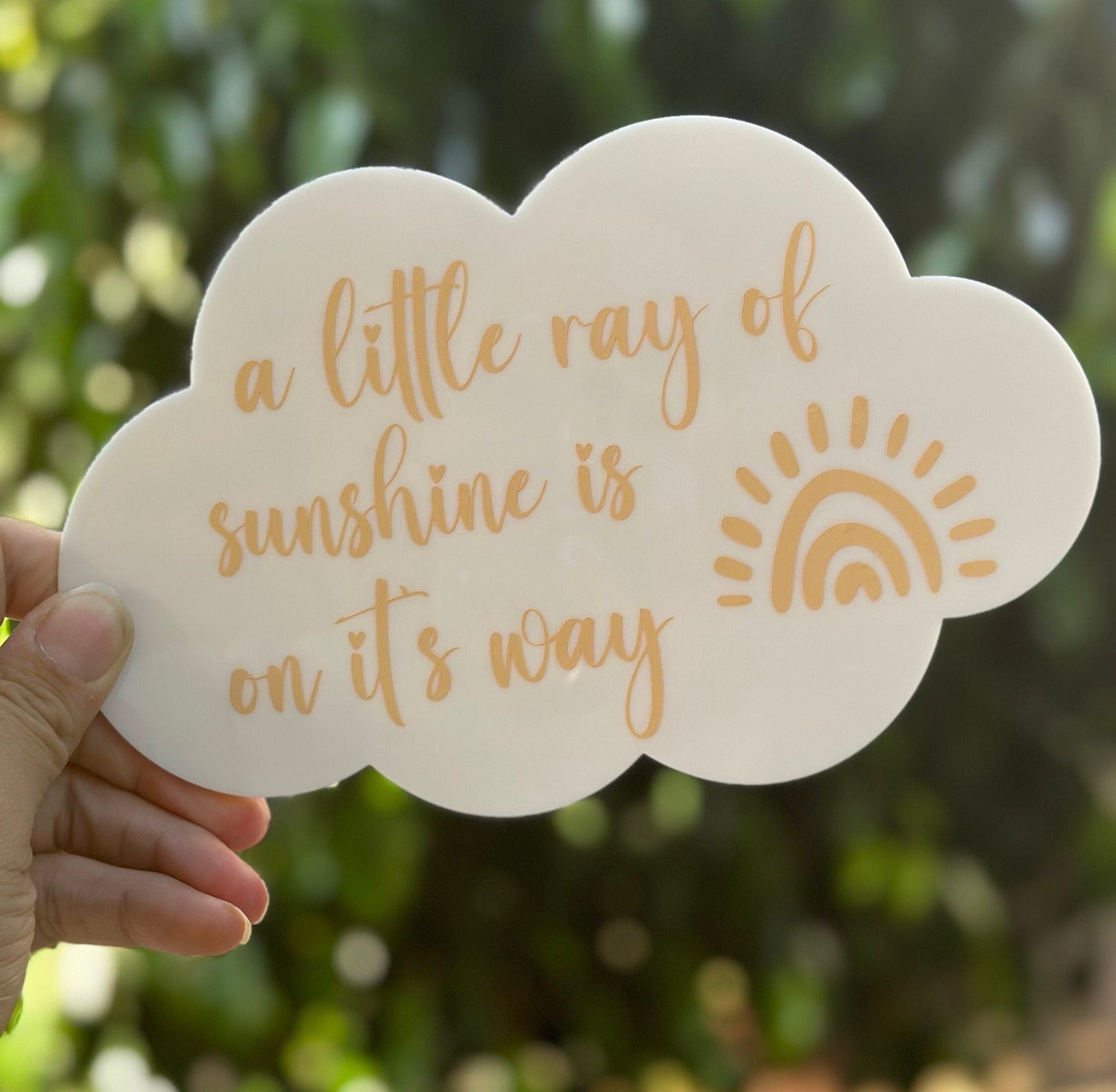 A Little Ray Of Sunshine Is On It's Way, cloud-shaped pregnancy announcement plaque, announcement sign, acrylic photo prop, baby on the way