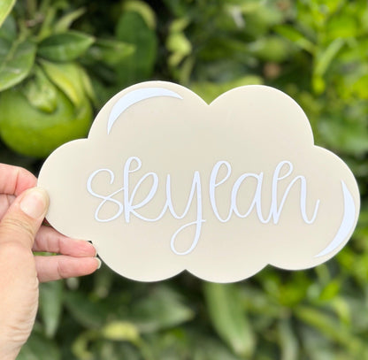Custom baby name announcement plaque, acrylic cloud photo prop, baby on the way sign, personalised newborn reveal, kids nursery sky decor