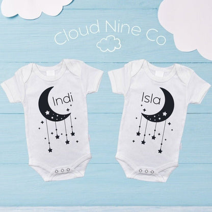 Twin onesie name set, gift for twins, matching bodysuits, newborn gift, twin pregnancy announcement, twin baby shower gifts, moon and stars