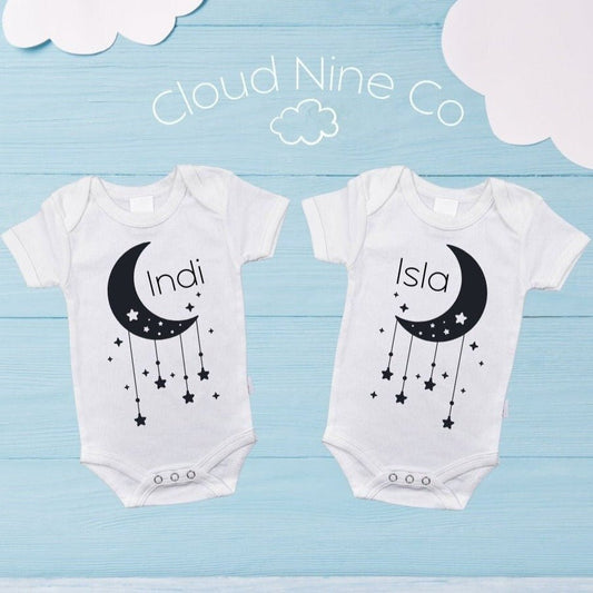 Twin onesie name set, gift for twins, matching bodysuits, newborn gift, twin pregnancy announcement, twin baby shower gifts, moon and stars