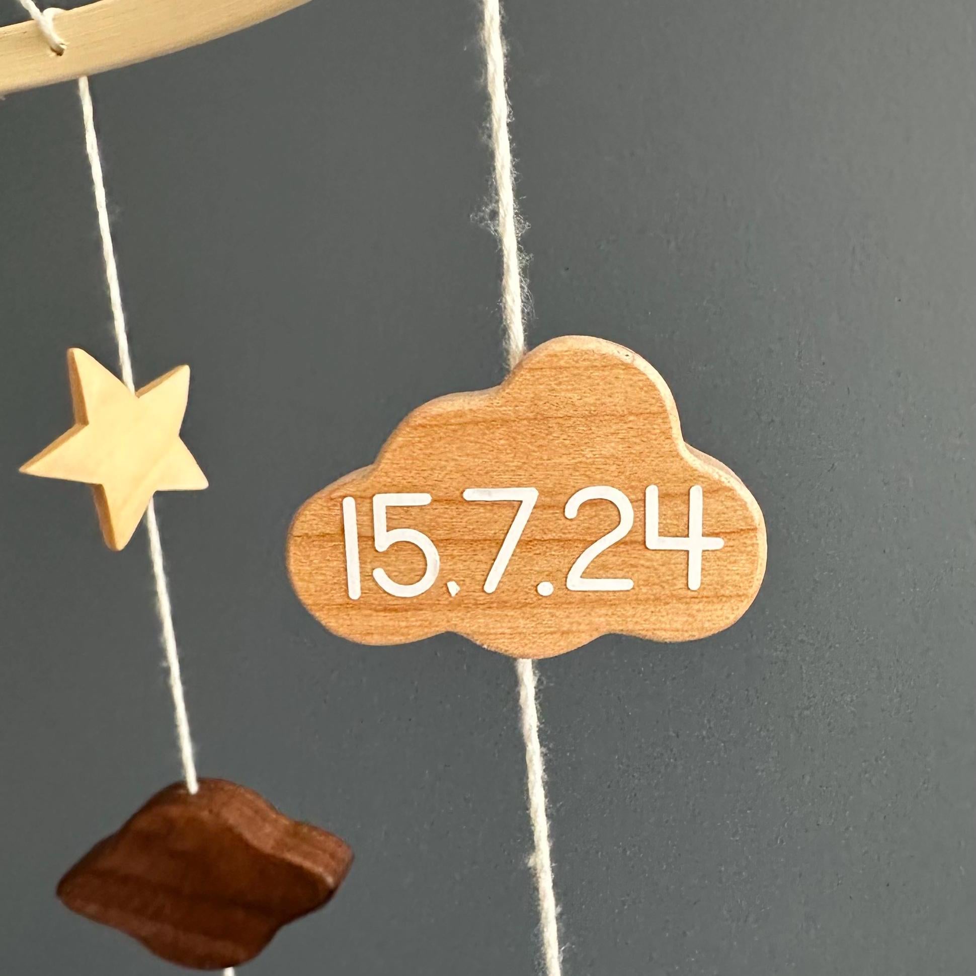 Custom baby mobile, cot mobile, personalised crib mobile, newborn details, stars and moons, crochet mobile, neutral baby gift, nursery decor