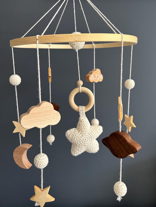 Custom baby mobile, cot mobile, personalised crib mobile, newborn details, stars and moons, crochet mobile, neutral baby gift, nursery decor