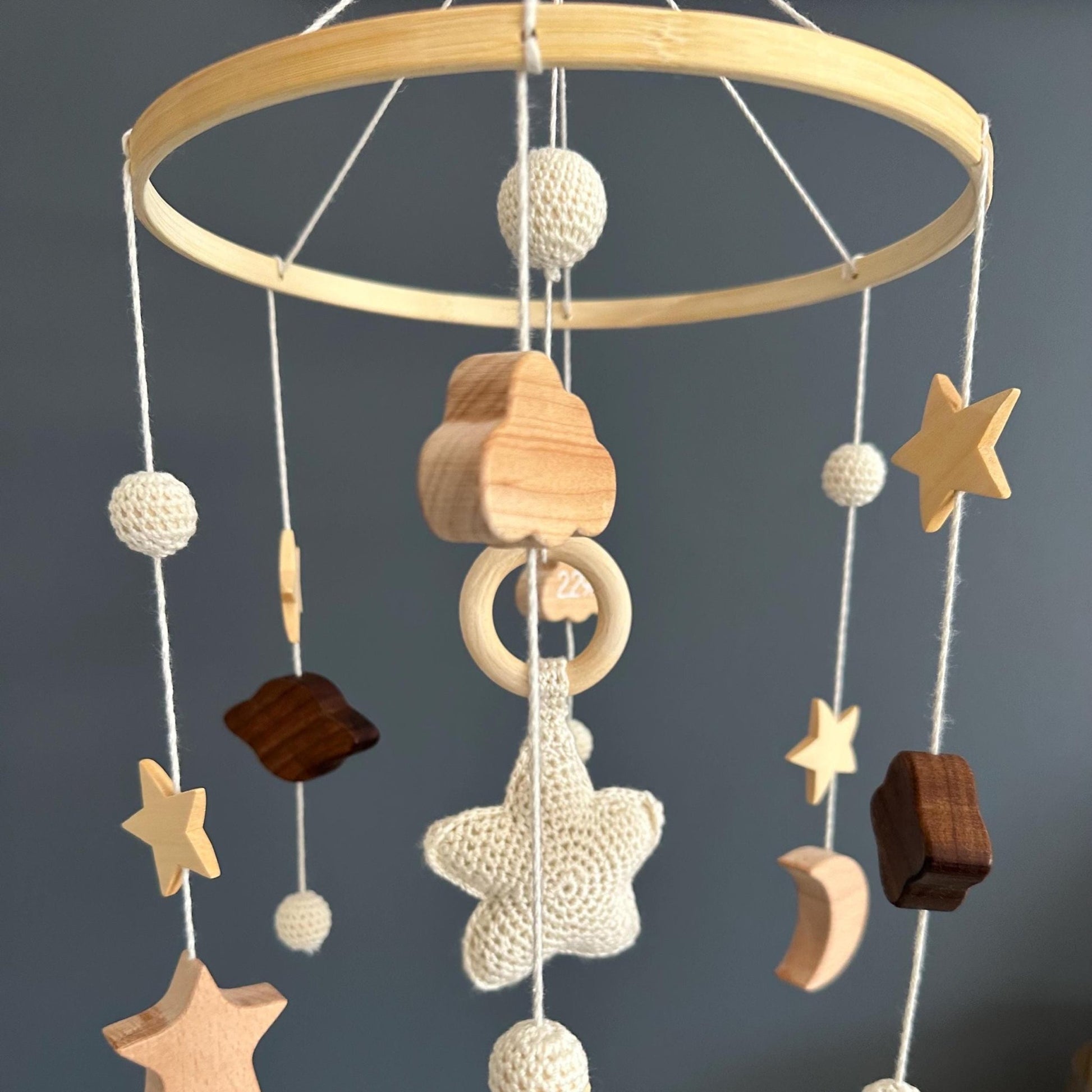 Custom baby mobile, cot mobile, personalised crib mobile, newborn details, stars and moons, crochet mobile, neutral baby gift, nursery decor