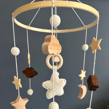 Custom baby mobile, cot mobile, personalised crib mobile, newborn details, stars and moons, crochet mobile, neutral baby gift, nursery decor
