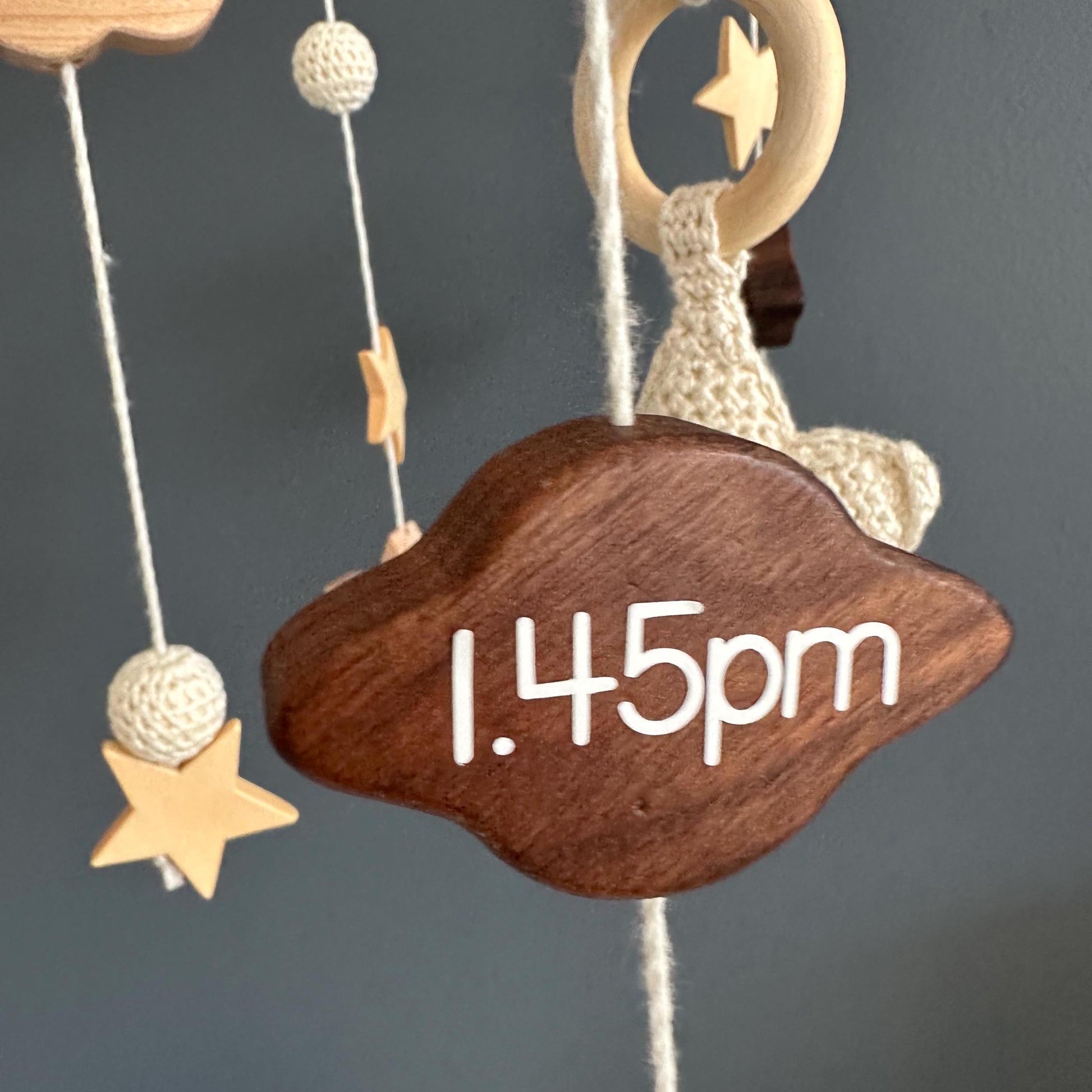 Custom baby mobile, cot mobile, personalised crib mobile, newborn details, stars and moons, crochet mobile, neutral baby gift, nursery decor