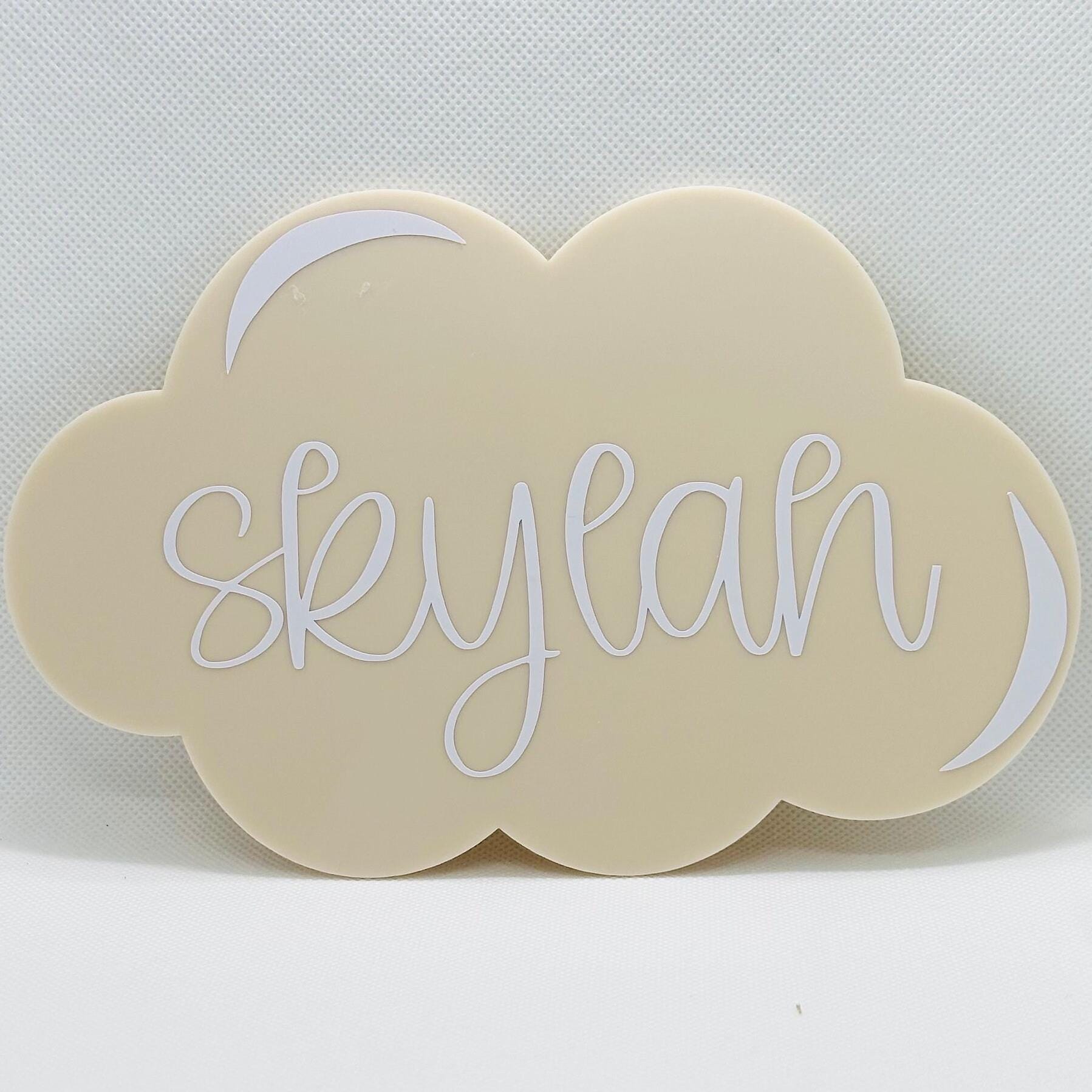 Custom baby name announcement plaque, acrylic cloud photo prop, baby on the way sign, personalised newborn reveal, kids nursery sky decor