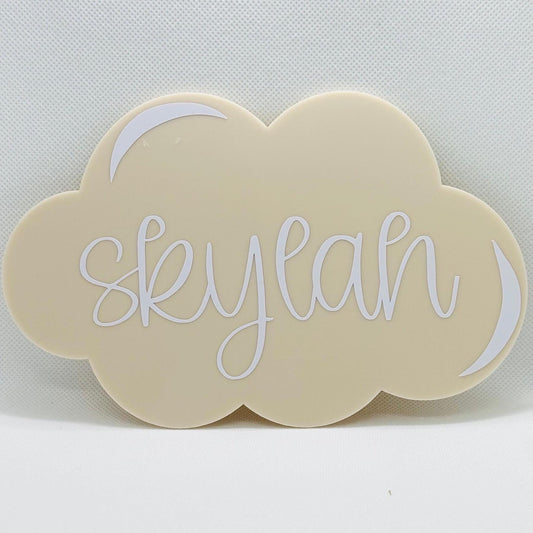 Custom baby name announcement plaque, acrylic cloud photo prop, baby on the way sign, personalised newborn reveal, kids nursery sky decor