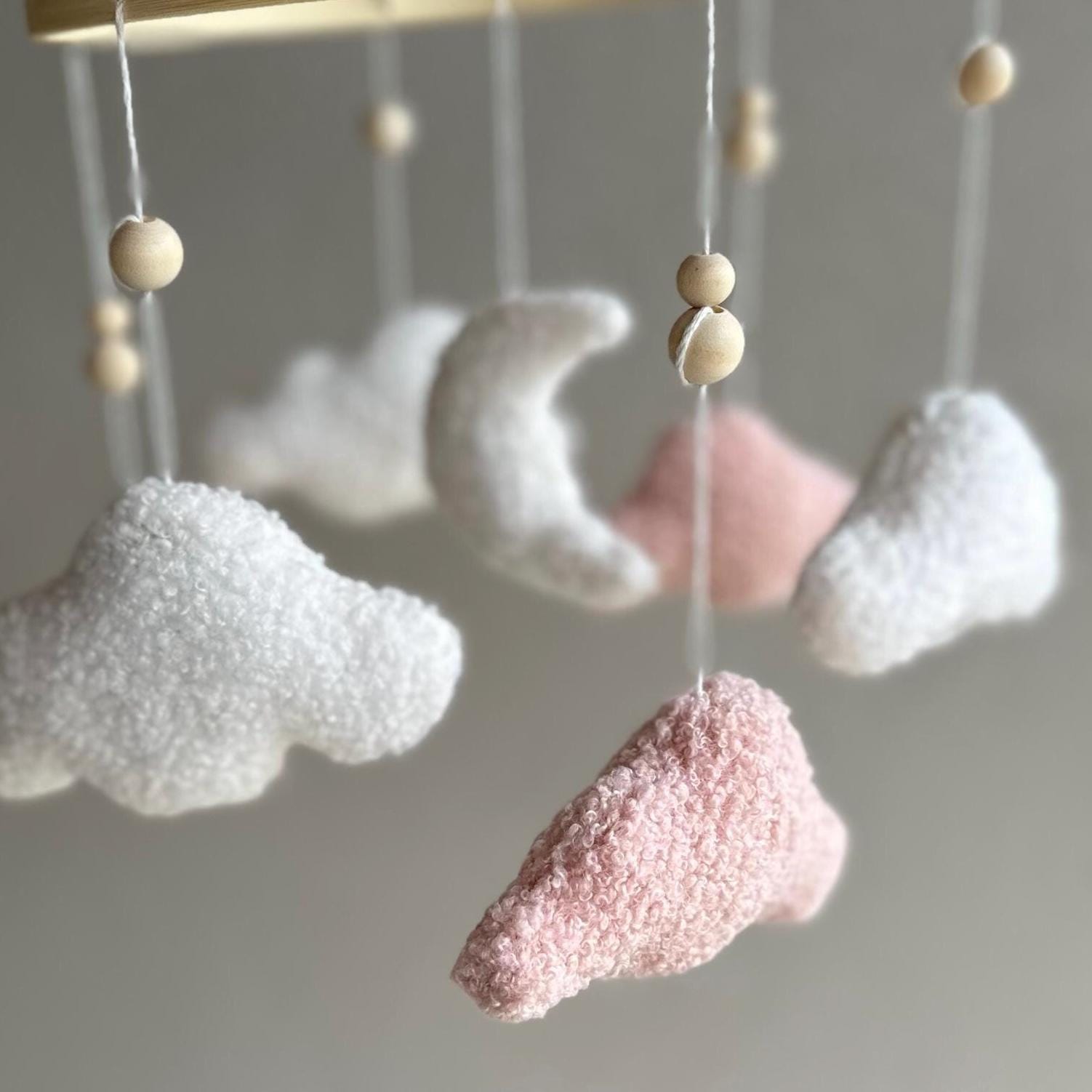 Boucle clouds & moon baby mobile, cloud nursery decor theme, neutral coloured tan white brown decor, sky-themed hanging cot crib decoration