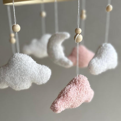 Boucle clouds & moon baby mobile, cloud nursery decor theme, neutral coloured tan white brown decor, sky-themed hanging cot crib decoration