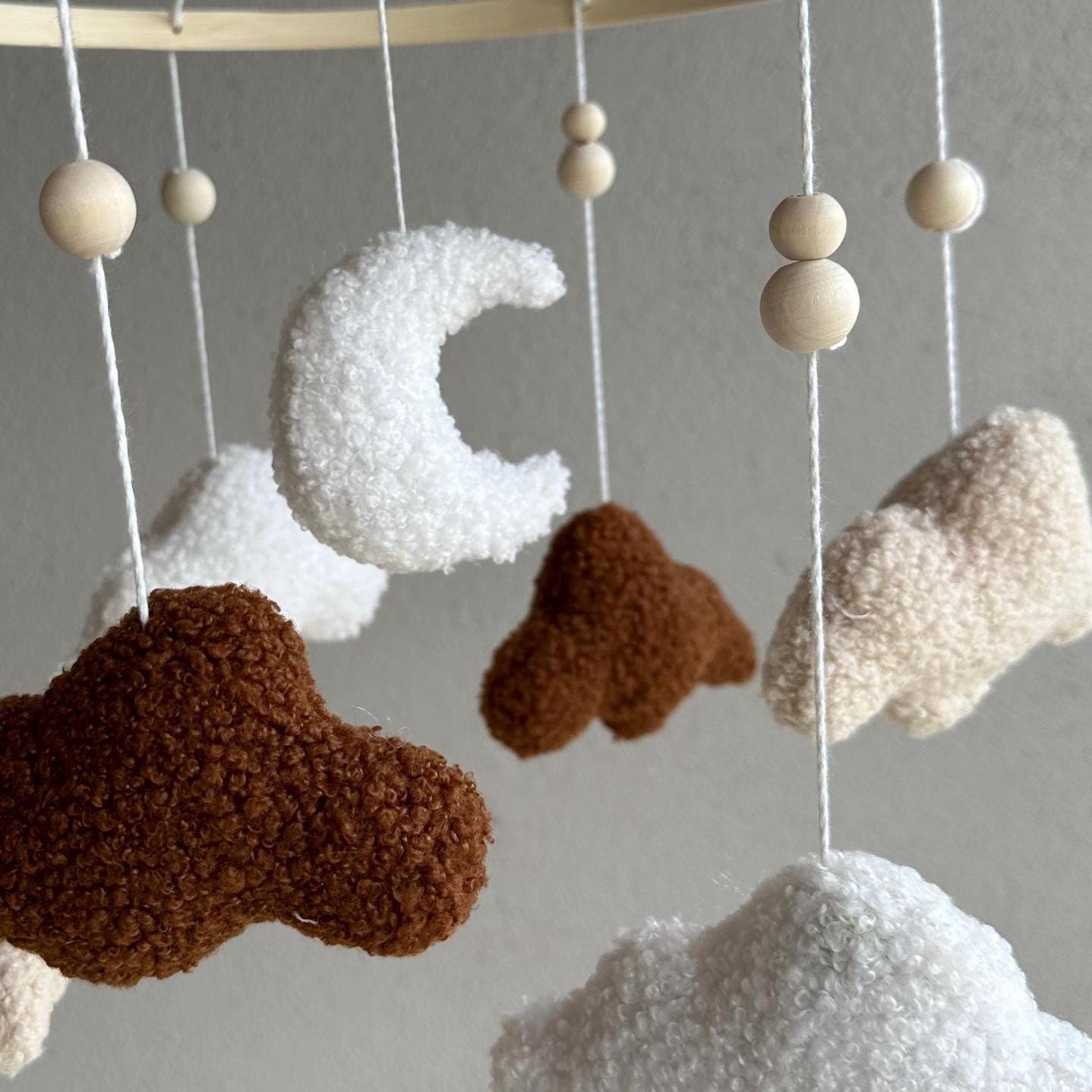 Boucle clouds & moon baby mobile, cloud nursery decor theme, neutral coloured tan white brown decor, sky-themed hanging cot crib decoration