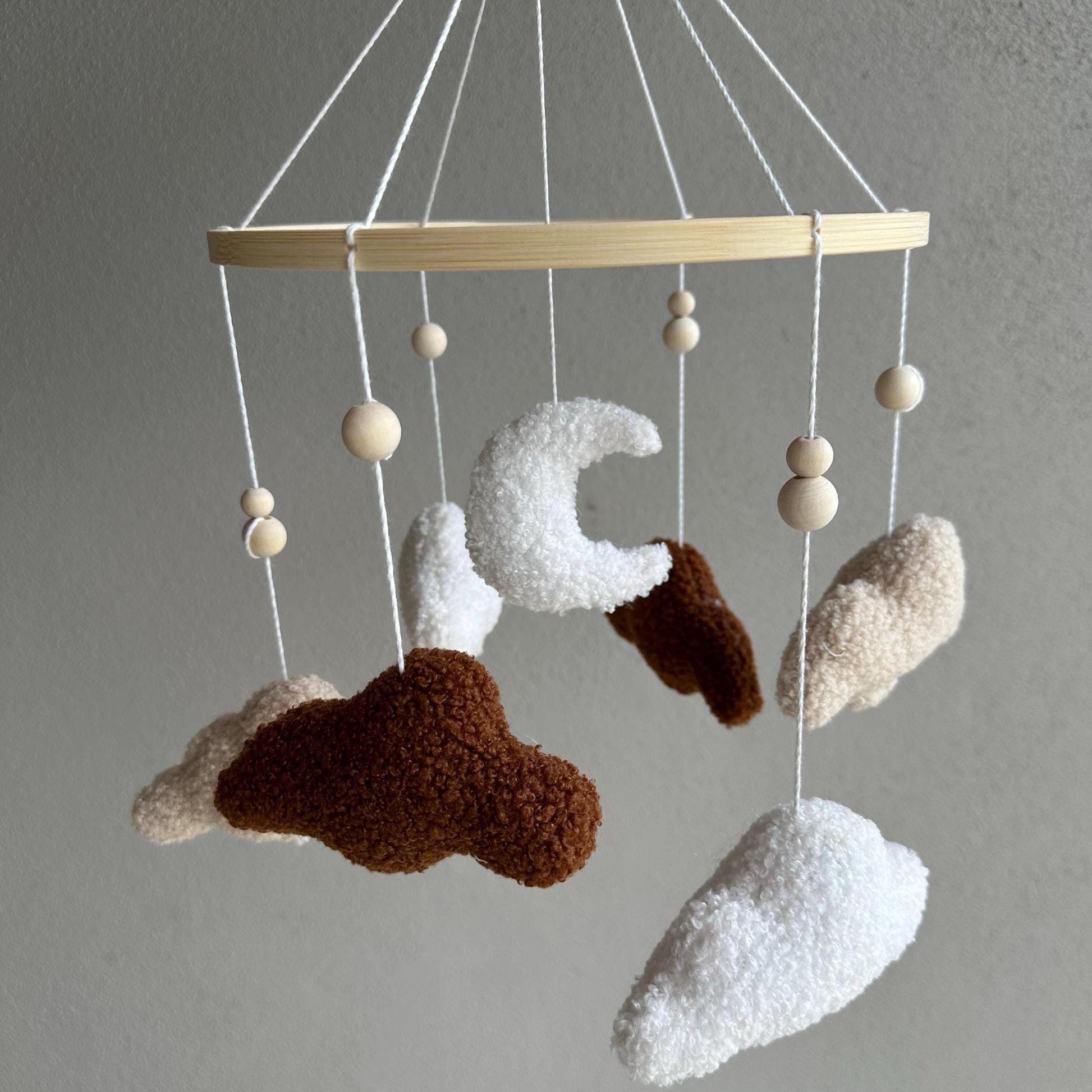 Boucle clouds & moon baby mobile, cloud nursery decor theme, neutral coloured tan white brown decor, sky-themed hanging cot crib decoration