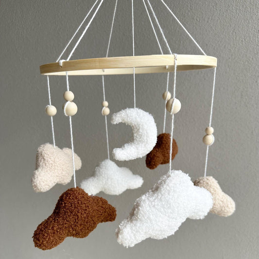 Boucle clouds & moon baby mobile, cloud nursery decor theme, neutral coloured tan white brown decor, sky-themed hanging cot crib decoration