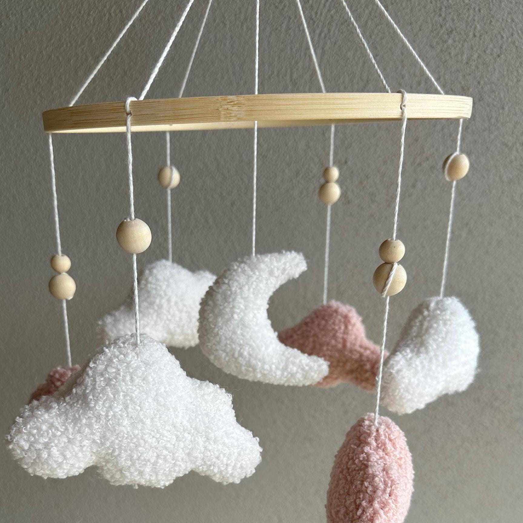Boucle clouds & moon baby mobile, cloud nursery decor theme, neutral coloured tan white brown decor, sky-themed hanging cot crib decoration