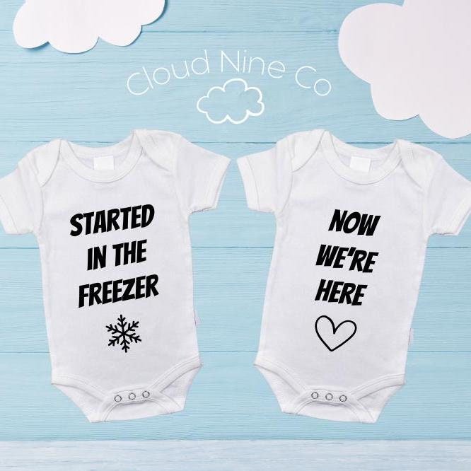 Started in the Freezer Now We're Here custom twin bodysuits, personalised IVF onsies, custom twin pregnancy announcement, matching twin gift