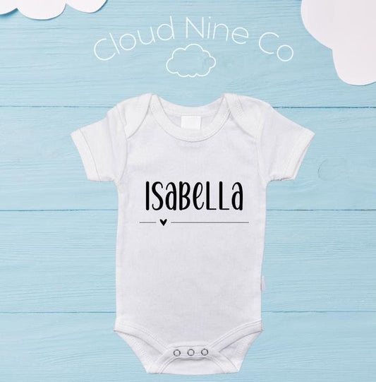 Baby name announcement custom bodysuit, personalised text newborn romper, simple custom pregnancy announcement idea, personalised onsie