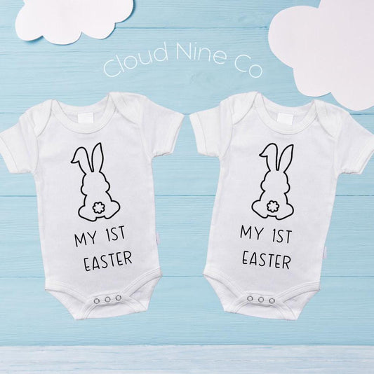 My First Easter twin bodysuit set, custom easter onsie, 2025 easter gift, my 1st easter romper, first easter outfit idea, newborn bunny gift