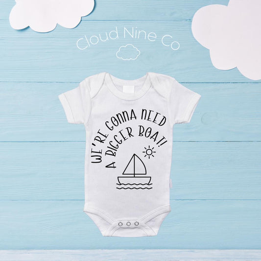 We're Going To Need A Bigger Boat! baby reveal bodysuit, boat themed romper, pregnancy announcement onsie, custom baby announcement idea