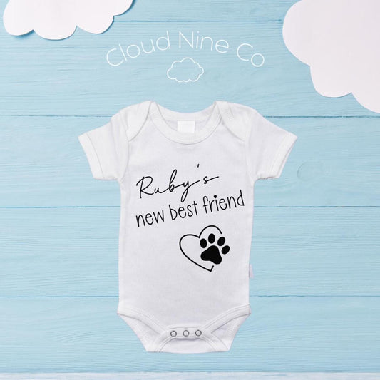 Pet's new best friend pregnancy reveal, custom baby reveal bodysuit, paw print onsie, pregnancy announcement from dog, pet baby gift outfit