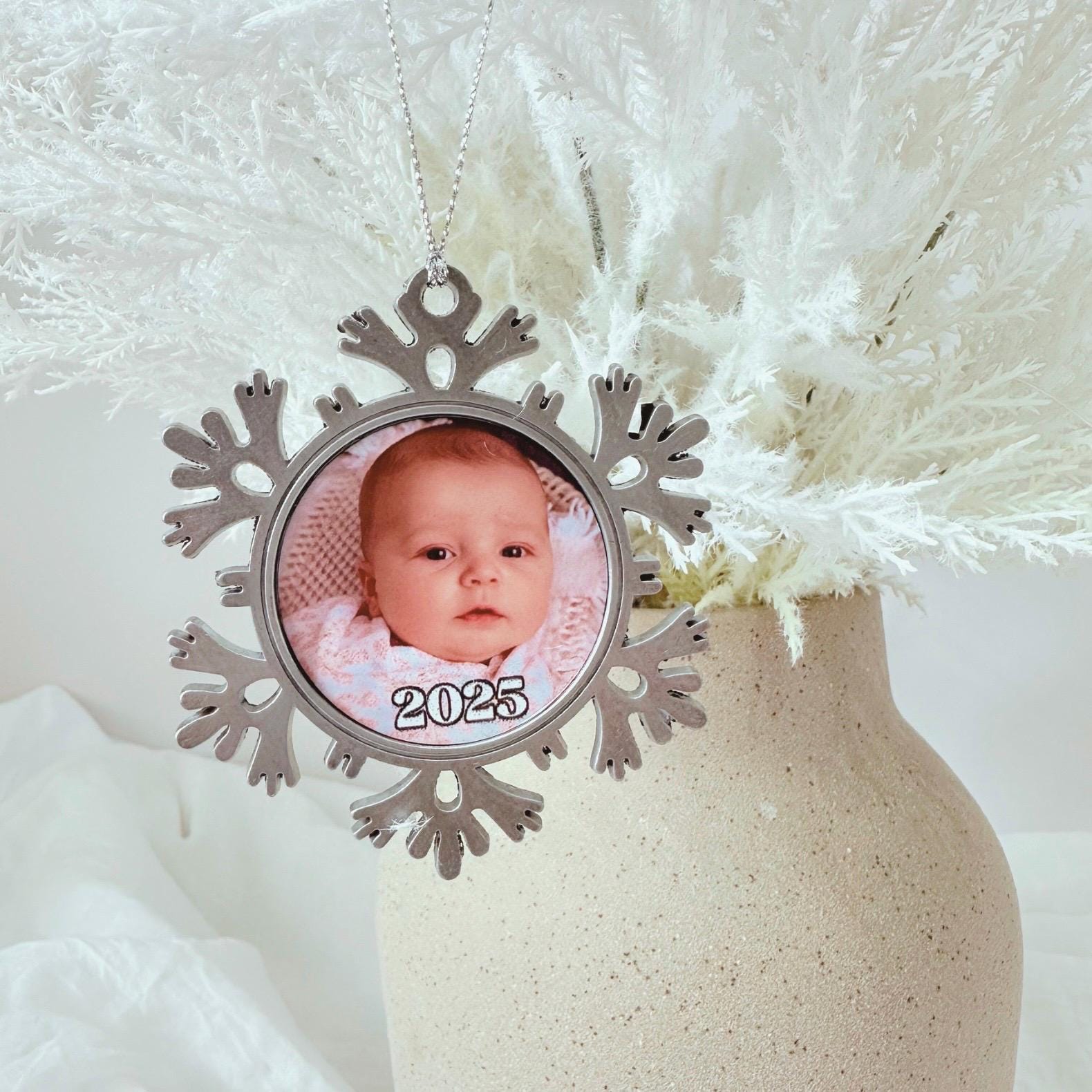 Custom Christmas Photo Ornament, Personalised Snowflake Keepsake Ornament, Custom Year Christmas Keepsake | Baby’s First Christmas 2025