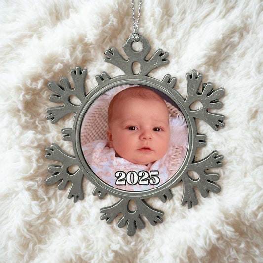 Custom Christmas Photo Ornament, Personalised Snowflake Keepsake Ornament, Custom Year Christmas Keepsake | Baby’s First Christmas 2025