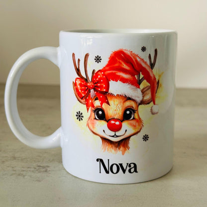 Personalised Reindeer Name Mug 11oz, Custom Christmas Mug, Cute Girls Xmas Gift, Kris Kringle, Secret Santa Present, Festive Coffee Tea Mug