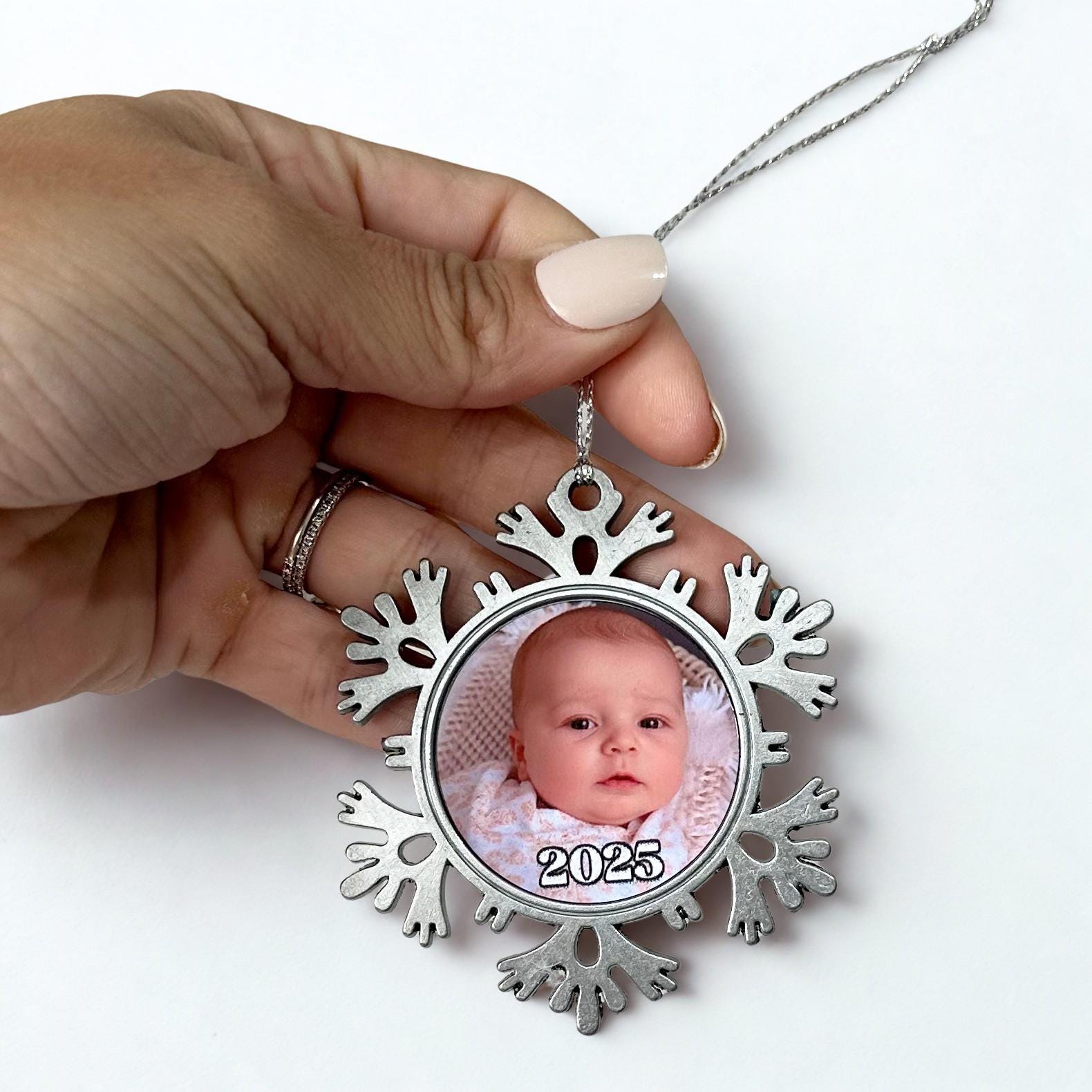 Custom Christmas Photo Ornament, Personalised Snowflake Keepsake Ornament, Custom Year Christmas Keepsake | Baby’s First Christmas 2025