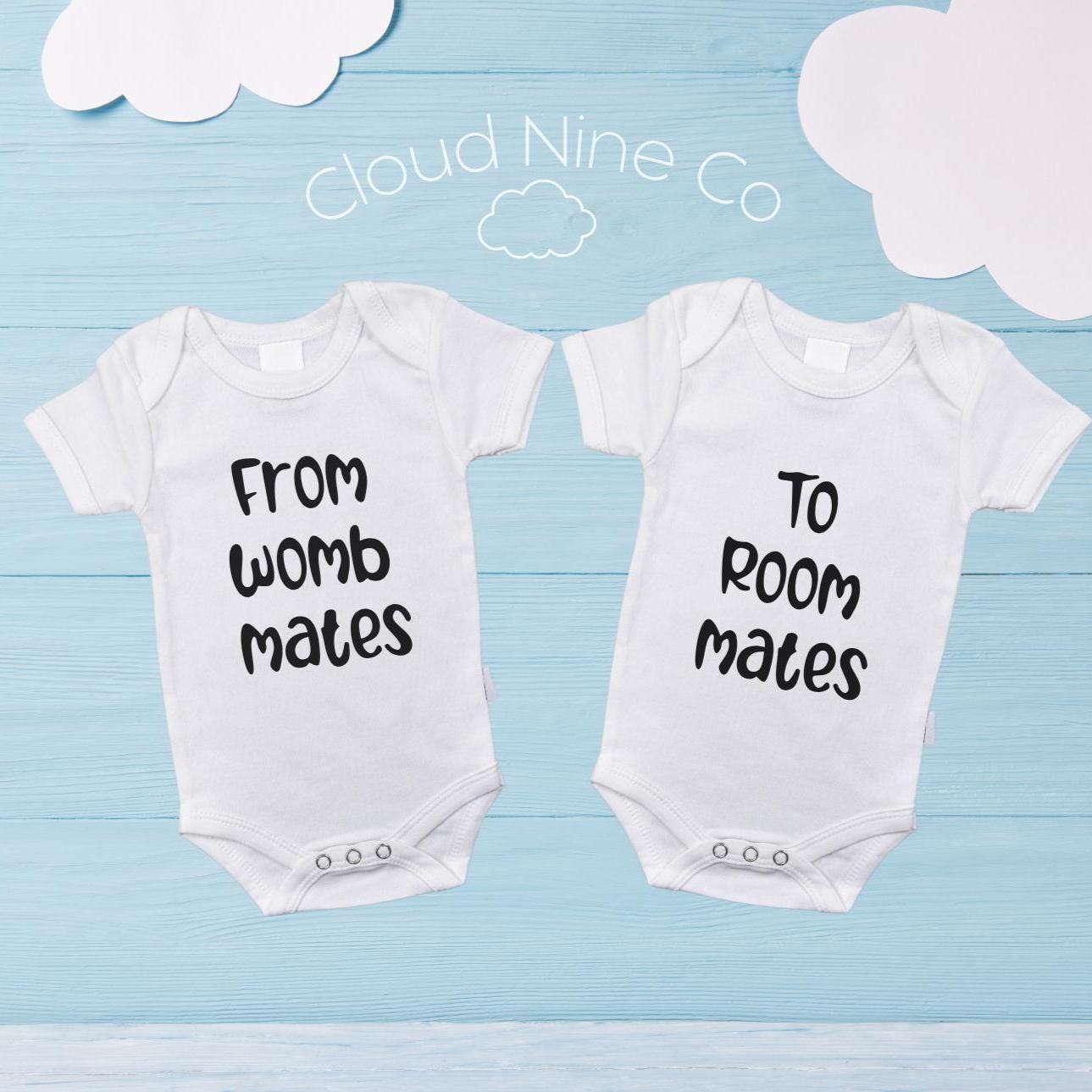 From Womb Mates to Room Mates, Funny Matching Twin Bodysuits | Twin Pregnancy Announcement Rompers | Baby Shower Gift Idea For Multiples